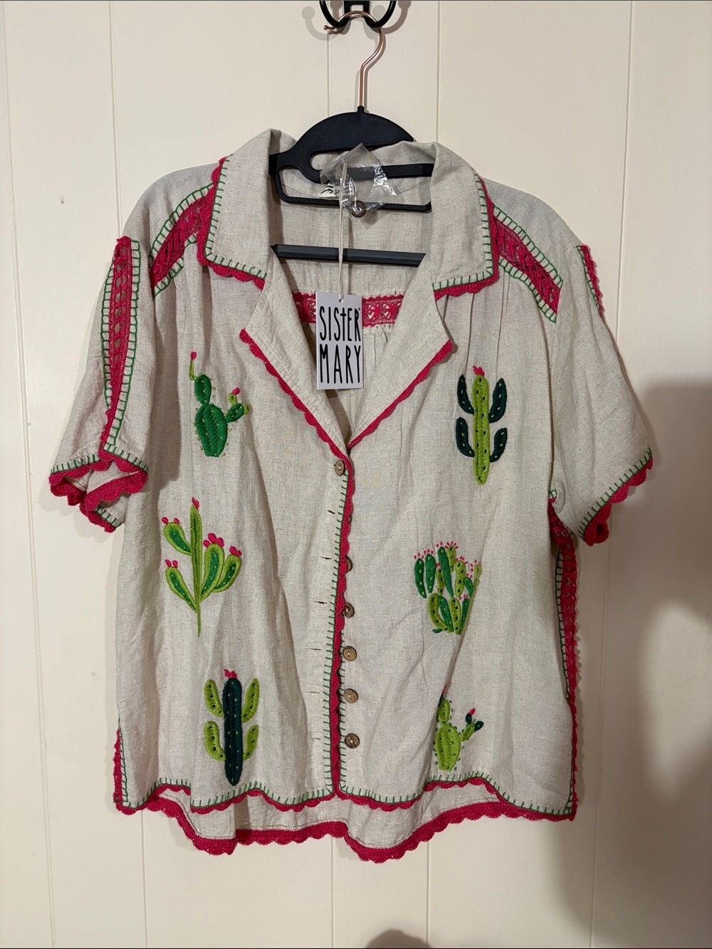 Sister Mary Embroidered Cactus Button-Up Blouse M/L  new